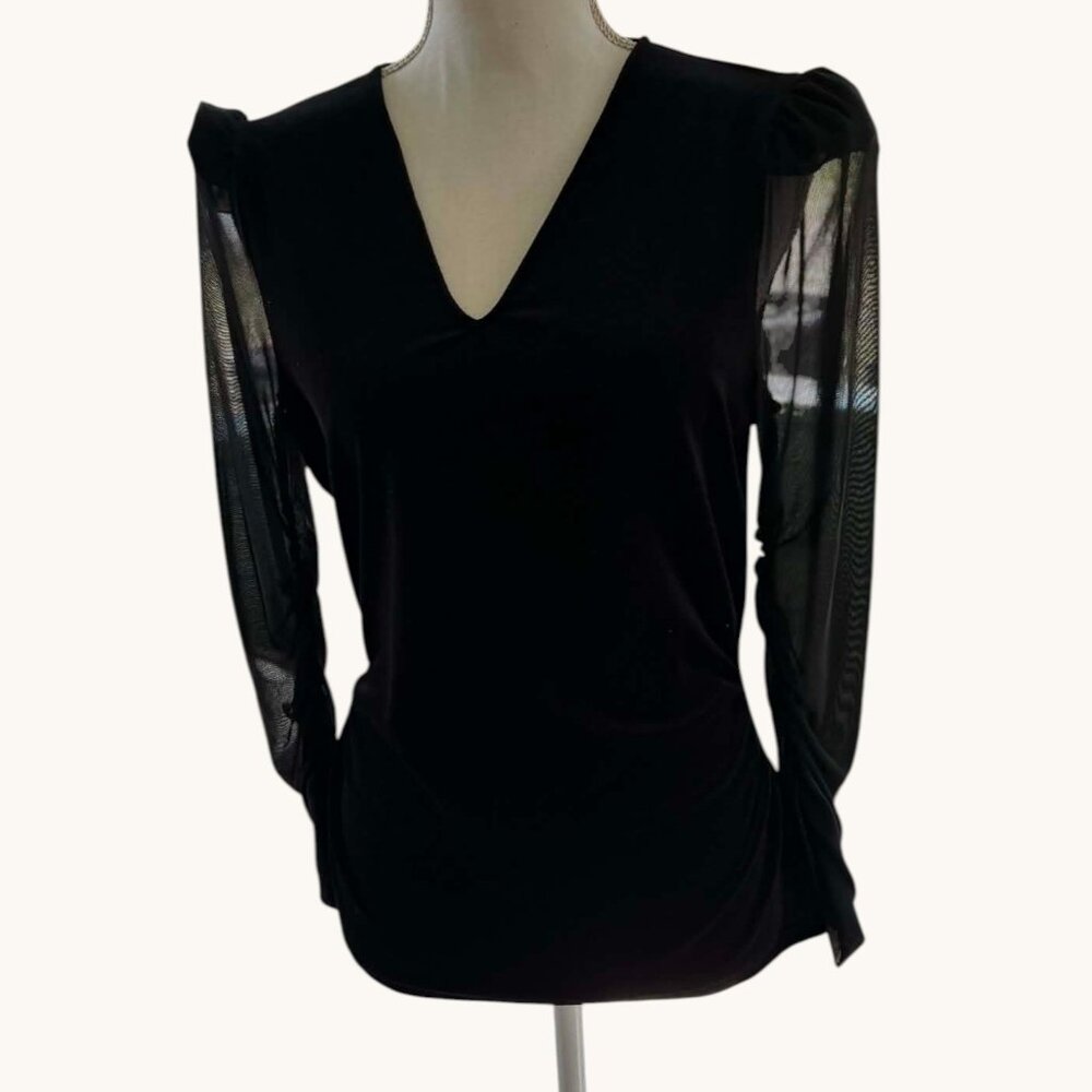 H by Halston Women's Velvet Sheer-Sleeve Faux-Wrap Top NWT - Picture 2 of 8